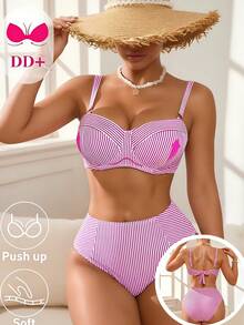 Swim DD+ Women's Blue Striped Underwire DD+ Cup Supportive Bust Enhancing Slimming 2-Piece Swimwear, Suitable For Beach & Holiday - Multicolor - View 4