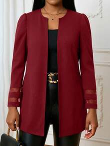 SHEIN Lady Plus Size Fashion Mesh Cuff Patchwork Business Office Jacket - Burgundy - View 4