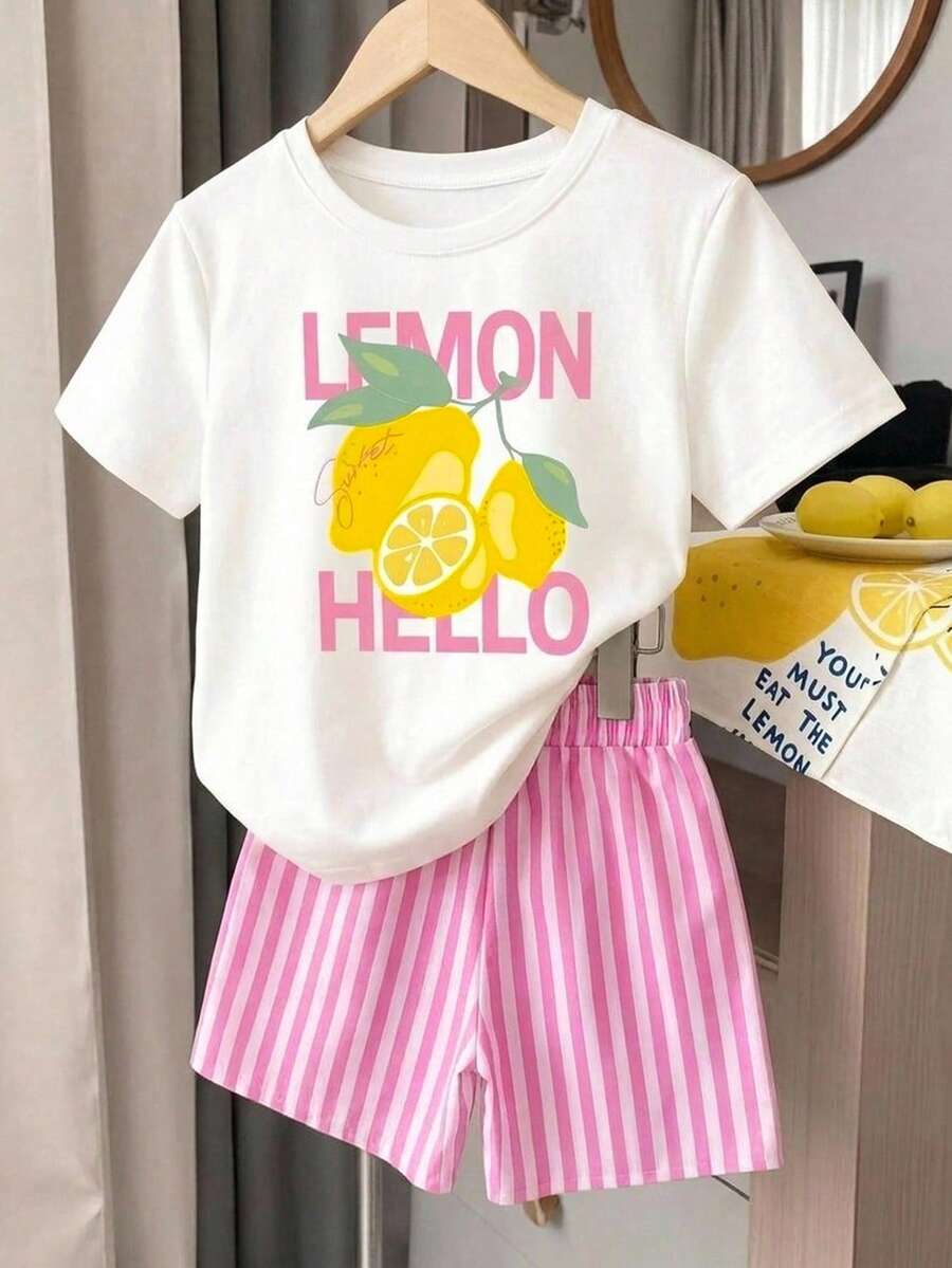 SHEIN 女童字母柠檬印花短袖T恤和短裤休闲日常穿搭 - 粉色 - 查看 1