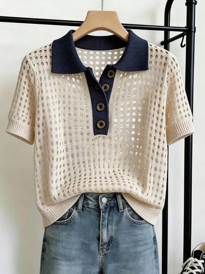 SHEIN LUNE Elegant Vintage Dual-Tone Contrast Collar Hollow Out Single-Breasted Knit Short Sleeve Sweater Top Vacation Brunch Navy Blue Autumn