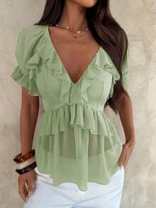 Aloruh Blusa bohemia de unicolor con cuello en V y volantes para mujer - Verde Oliva - Ver 4