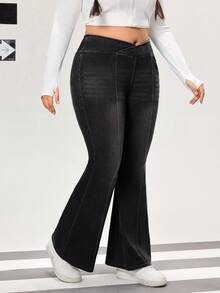 Flexra Plus Size Casual Everyday Date Night Dinner Washed V-Waist Flare Leg Jeans Black Summer - Light Grey - View 3