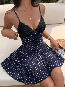 Sunnyshic Women's Black Polka Dot Print Mini Dress, Summer Lace Patchwork V-Neck Halter Tie Back Open Back Cinched Waist Double Layer Ruffle Hem, Elegant Vintage Sweet Romantic Versatile For Vacation Beach Shopping Date - Navy Blue - View 4
