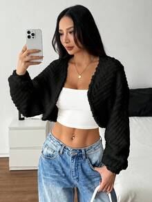 SHEIN PETITE 素色休閒秋冬女款長袖抓絨外套 小碼可愛風 - 黑色 - 查看 2