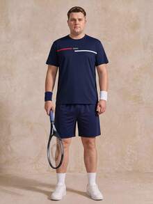 Courvante Men Plus Size Loose Fit Drop Shoulder T-Shirt With Letter Print - Navy Blue - View 2