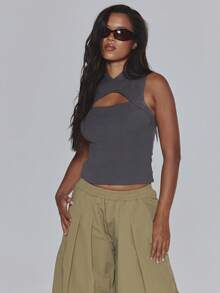 MUSERA Grey Jersey Cut Out Longline Fitted Sleeveless Top - Dark Grey - View 2