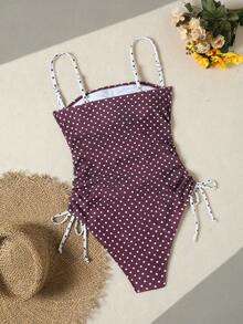 Swim Vcay 女款波點印花連身泳衣，適合度假海灘派對 - 棕色 - 查看 5
