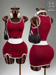 Mistrie Damen Farbblock-Saum Crop Top & Rock Sportset - Rot - Übersicht 1
