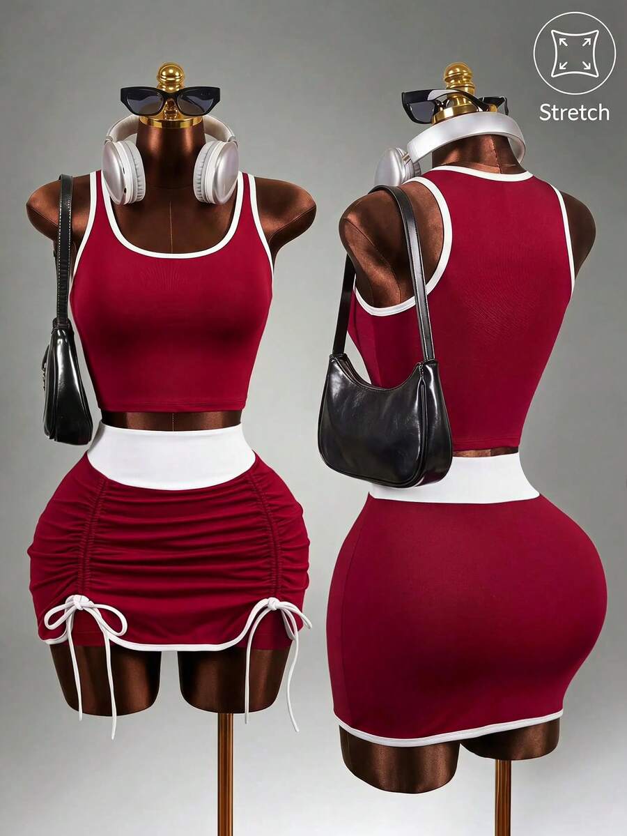 Mistrie Damen Farbblock-Saum Crop Top & Rock Sportset - Rot - Übersicht 1