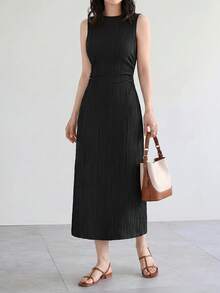 Yumoku Casual Women's Apricot Knitted Textured Bodycon Dress Black Pleated Maxi Dress Pleated Dresses For Women Black Summer Dress Women Pleated Maxi Dress Black Sundress Women,Casual Dresses For Women,Casual - Black - View 4