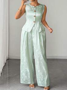Elenzga Plus Size Women's Floral Print Metal Single-Breasted Top And Wide Leg Pants Casual Daily Outfit - Mint Green - View 5