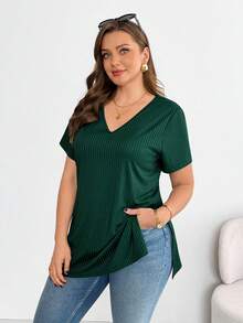 SHEIN Essnce 女款大尺碼V領短袖T恤 - 墨綠色 - 查看 5