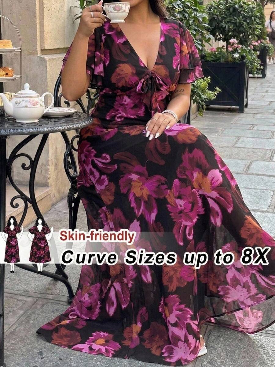 SHEIN CURVE+ 大尺碼女款紫色花卉百褶袖洋裝,性感度假風感恩節女裝洋裝 - 彩色 - 查看 1