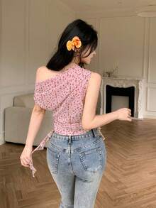 Modelyn 女款黃色碎花不對稱單肩荷葉邊百褶性感極簡度假上衣 - 粉色 - 查看 2