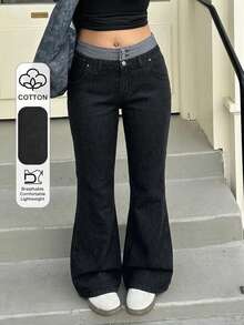 Dazy Plus Fashion Casual Colorblock Patchwork Waistband 3-Button Decor Loose Straight Leg Long Plus Size Women's Jeans All Season - Dark Wash - View 9