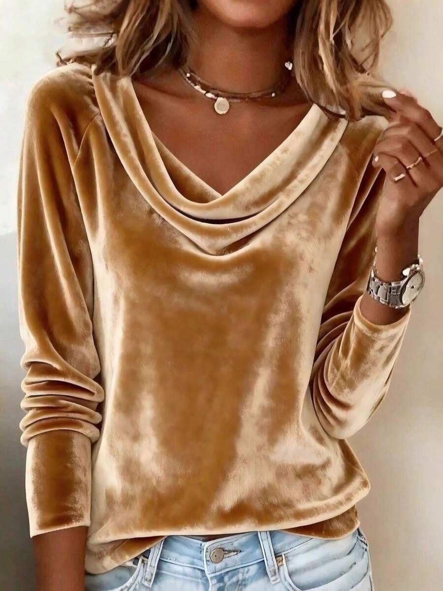 SHEIN LUNE Blusa de moda para mujer de unicolor con cuello de capucha y mangas raglán largas - Dorado - Ver 1