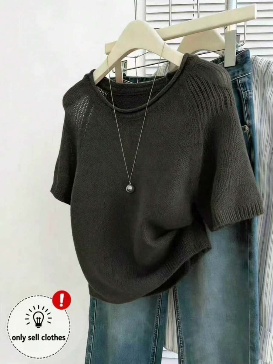 SHEIN Blusa de punto de cuello redondo de manga corta clásica - Gris Oscuro - Ver 1