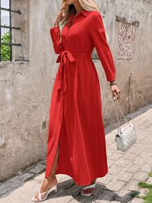SHEIN Clasi 女款新款優雅襯衫領領結上衣洋裝，綠色洋裝，適合通勤、日常穿著及各種場合 - 紅色 - 查看 4