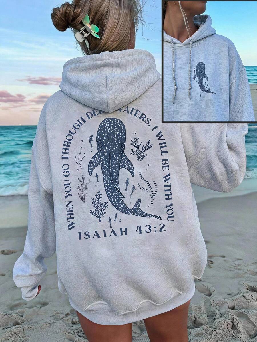 SHEIN EZwear 休閒極簡印花圖案連帽長袖寬鬆女款衛衣,日常百搭派對聚會機場 Y2K 上衣,海洋生物藍色線條鯨魚印花圖案衛衣,夏季外出穿搭 - 淺灰色 - 查看 1