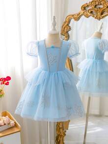 Glamorique Kids 女童藍色正式洋裝，頂級緞面柔軟網紗搭配精緻雪花印花，泡泡短袖洋裝，適合生日派對、晚宴活動、高端親子活動、家庭聚會、婚禮、兒童時裝秀、畢業舞會，夏季短洋裝，完美適用日常拍照與親子攝影 - 藍色 - 查看 2