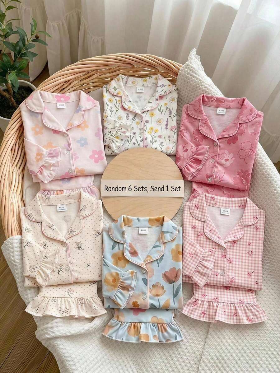 Conjunto de pijama de 2 piezas para bebé niña, dulce y sencillo, con patrón de lazo, solapa, botones, volantes, manga larga y pantalones largos, cómodo y agradable al tacto, de punto - Multicolor - Ver 1