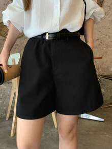 Livesso 女款黑色寬鬆直筒短褲，優雅休閒基礎商務街頭風，適合夏季校園與早午餐 - 黑色 - 查看 12