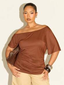FASHION SZN Atasan Kasual Ukuran Besar dengan Bahu Jatuh, Potongan Longgar, Bahu Terbuka, Elegan, Chic, Berkelas, Pakaian Sehari-hari, Cocok untuk Bandara, Liburan Musim Panas, Liburan, Minimalis, Kebutuhan Dasar - Coklat - View 1