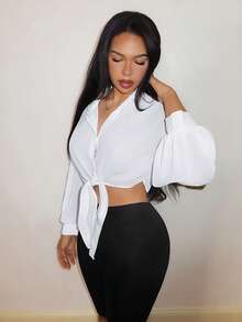 SHEIN SXY Women's Casual Versatile Single-Breasted Long Sleeve Sheer Blouse,Sexy,Sheer ,Fall,White Blouse,Casual Blouses,Basic - White - View 6