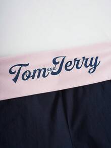 TOM & JERRY X SHEIN Women's Letter Cartoon Print Colorblock Casual Daily Base Shorts - Navy Blue - View 3
