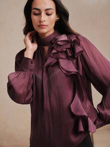 Anewsta Women's Elegant Heavy Embroidery Semi-High Neck Frill Trim Blouse - Purple - View 2