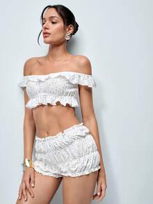 Softvol 2pcs Women White Cropped Top And Shorts Pajama Set, Sleepwear Loungewear - White - View 6