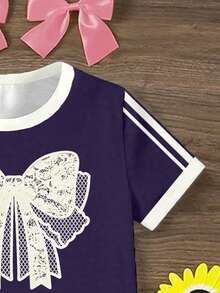Girls Cute Fresh Minimalist Lace Bow Contrast Color Striped Pattern Basic Short T-Shirt And Flared Pants Set, Comfortable Everyday Outfit - Multicolor - View 4