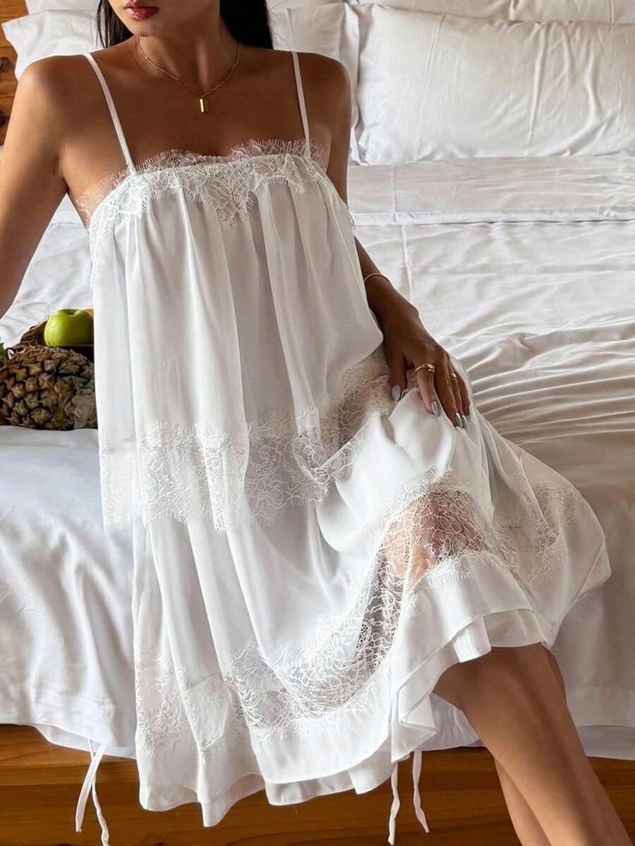 DAZY Romantic Vacation Contrast Color Lace Patchwork Layered Ruffle Strap Women's Nightgown - Beige - View 1