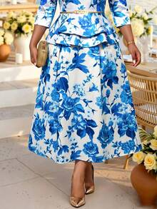 Fleurora Plus Size Women's Floral Print Waist-Cinching Slimming Pleated Asymmetrical Hem Elegant Ninang Skirt Wedding Evening Formal White Summer - Blue and White - View 3