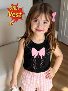 Girls' Creative Fresh Pink Bow Pattern Print Casual Basic Tank Top - Black - View 4