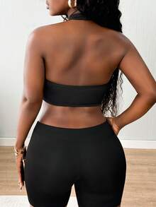 SHEIN BamGlam Women's Solid Color Criss-Cross Design Cropped Halter Neck Sports Tank Top - Black - View 2