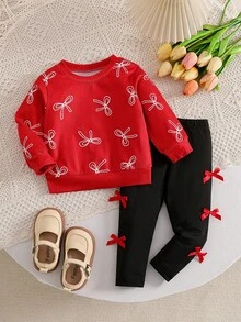 SHEIN 2件組女嬰套裝，紅色滿版白色蝴蝶結圖案運動衫，搭配黑色3D紅色蝴蝶結長褲，柔軟面料，寬鬆版型，舒適適合日常穿著、節日聚會與拍照，甜美風格適用於嬰兒與女嬰 - 紅色 - 查看 6