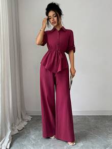 Elenzga Women's Autumn Casual Cotton Solid Color Cinched Waist Top Long Pants 2 Pieces Set Home Commute Vacation Office Brunch Bright Magenta - Burgundy - View 7