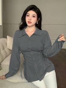 Modelyn 時尚百搭純色交叉繫腰上衣 - 深灰色 - 查看 5