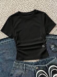 SHEIN Teen Girl/Teen Girls' All-Match Black Casual Ruched Waist Short Sleeve T-Shirt - Black - View 7