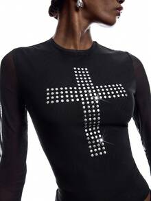 LYSMO Camiseta de moda para mujer con patrón de cruz, cuello redondo y manga larga, blusa casual para otoño, ropa atractiva y sexy, top elegante para salir - Negro - Ver 9