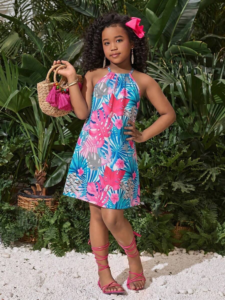 SHEIN Tween Girl Floral Print Ruffle Casual Vacation Dress - Multicolor - View 1