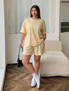 Dazy Plus Solid Color Knit Round Neck Top & Shorts Pajama Set Summer - Yellow - View 4