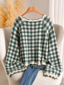 CosyJoli Plus Size Women's Round Neck Plaid Pattern Fashion Casual 1960s 90s 70's Sweater Autumn Dates Teacher Party Green Cardigan Winter - Multicolor - View 3