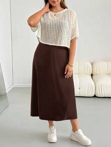 Shapeblank Plus Size Women's Solid Color Dress And Short Sleeve Top Casual Gothic Modest Daily 2-Piece Set Office Work Beige Chocolate Brown Summer - Coffee Brown - View 3