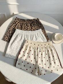 SHEIN EZwear 3件組女款舒適休閒短褲，梭織面料，適合日常穿著，波點豹紋條紋短褲套裝，波點短褲、豹紋短褲，休閒簡約百搭，適合派對聚會機場 Y2K 上衣，夏季出遊 - 彩色 - 查看 2