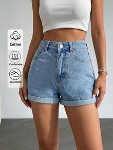 SHEIN Cottnline 100% Pure Cotton Black High Waist Mini Denim Shorts For Women - Black - View 1