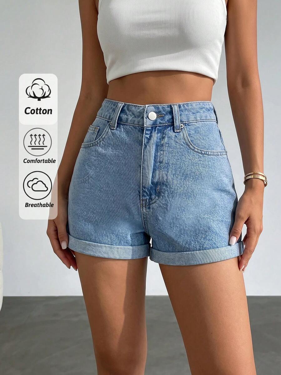 SHEIN Cottnline 100% Pure Cotton Black High Waist Mini Denim Shorts For Women - Black - View 1