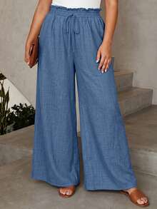 Vionelle Plus Size Women's French Casual Soft Form Capsule Elegant Wide Leg Long Pants Vacation Cruise Navy Blue Summer - Blue - View 5