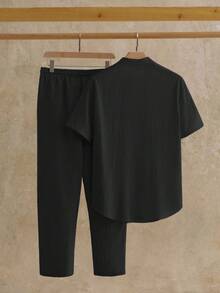 EASEVO 2pc Men's Plus Size Solid Color Shirt Set, Short Sleeve Single-Breasted Shirt And Drawstring Long Pants, Suitable For Dating, Vacation, Party, Beach - Black - View 2